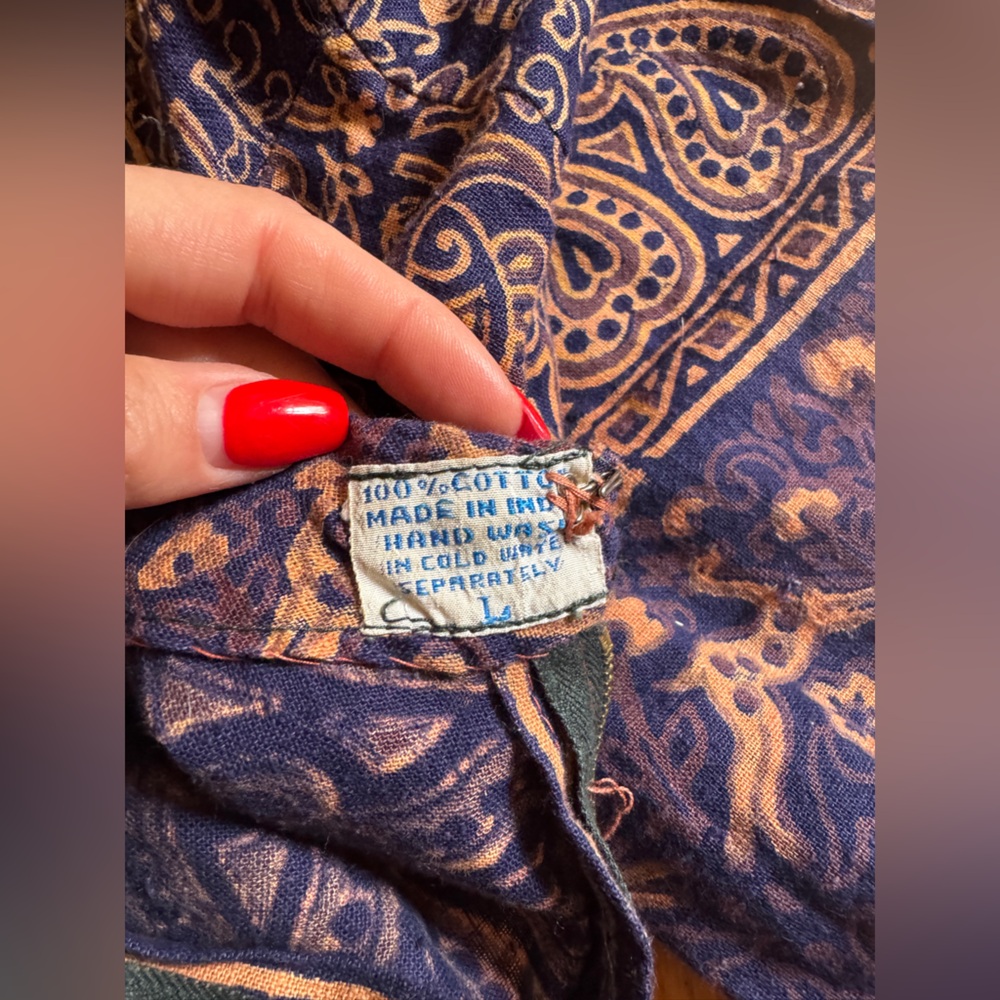 70s Vintage Indian Cotton Brown and Navy Animal Print Maxi Dress Sz L - Picture 4 of 7